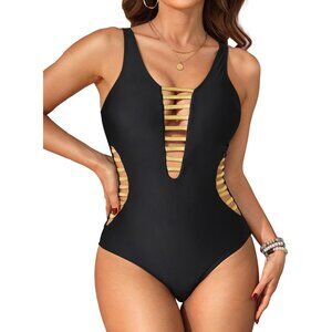 ✨Women Black Sexy One Piece Swimsuits Plunge Deep V Neck Cutout Bathing Suits